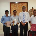 From Left: Mr. Priyankan Kirupaharan (Bronze Award, NBQSA (2018),  Mr. Dulan Dias ((Gold Medal, APICTA 2018, Silver Award, NBQSA (2018)), Senior Prof. Sampath Amaratunge (Vice Chancellor, USJP) and Dr. T. G. I. Fernando (Projects' Supervisor)