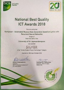 Mr. Dulan Dias won the silver award for for the Tertiary Student Projects (Technology) Category at NBQSA 2018 [Certificate]