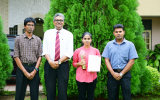 From Left: Mr. D. D. A. Gamini (Head/Senior Lecturer in Computer Science) , Senior  Prof. Sampath Amaratunge (Vice Chancellor),   Ms. Madushi D. Welikala (Winner, APICTA 2019), Mr. M. D. R. Perera (Senior Lecturer in Computer Science)